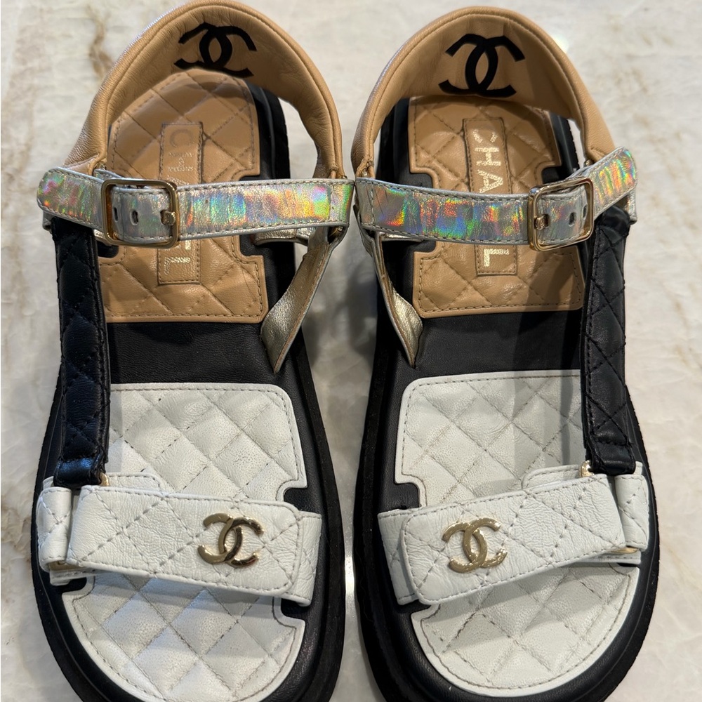CHANEL Quilted Sandals - Black, White, and Gold